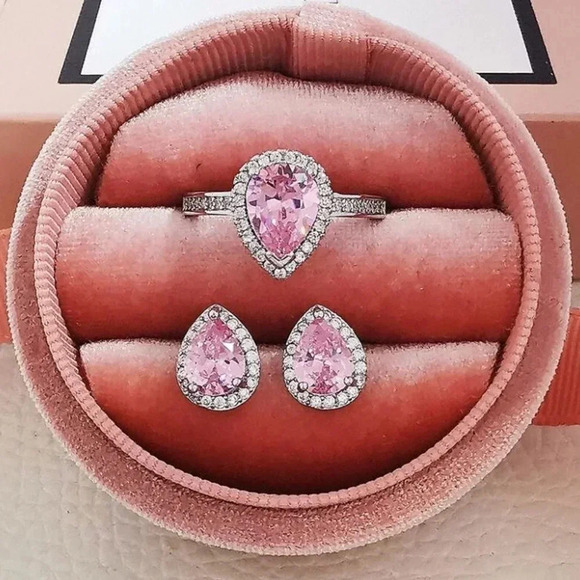 Pink Sapphire Diamond Pear Cut Ring & Earring Set - Picture 1 of 5